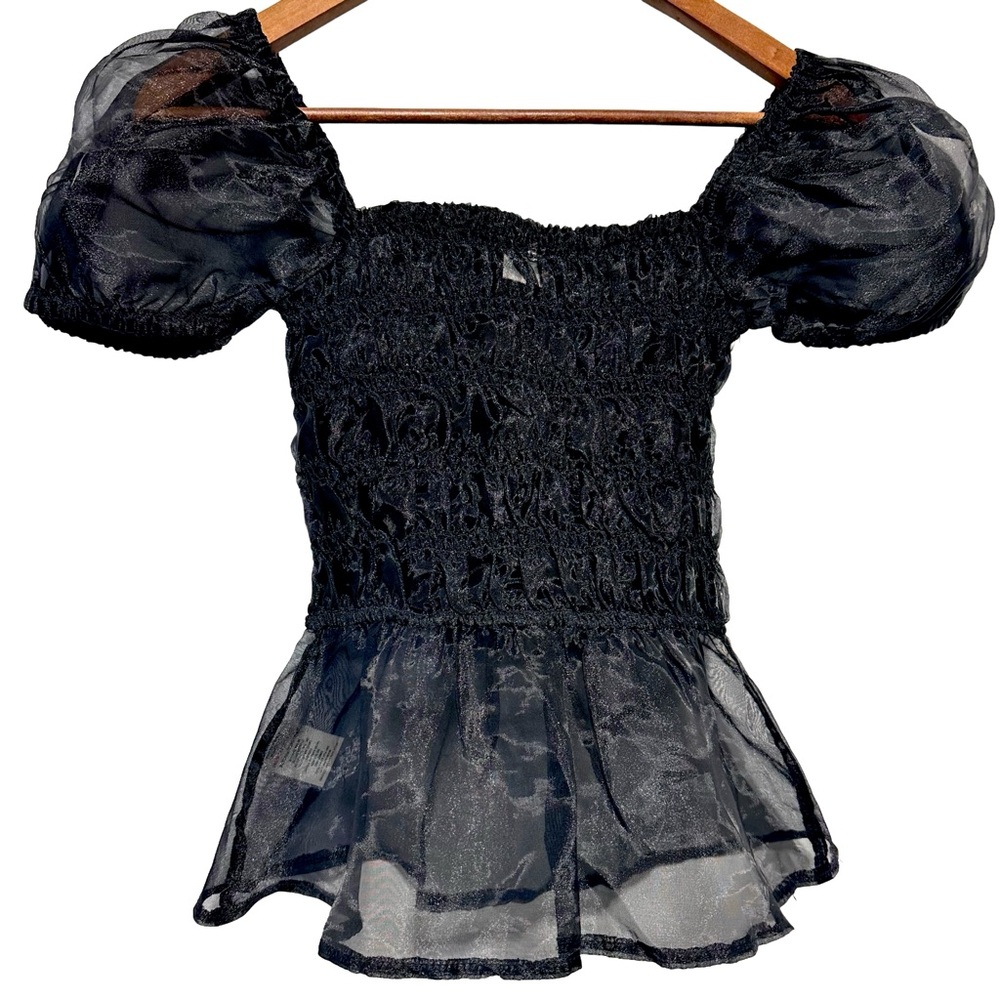 twik Black Sheer Puff-Sleeve Smocked Peplum Top - Picture 3 of 8